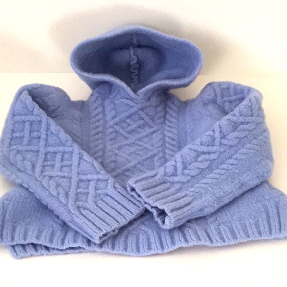 Paul James Kid’s Blue Hooded Cable Knit Chunky 100% Wool Sweater Made in England - Picture 1 of 7